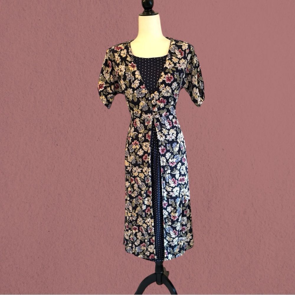 90s vintage button down floral midi dress with polka dot insert